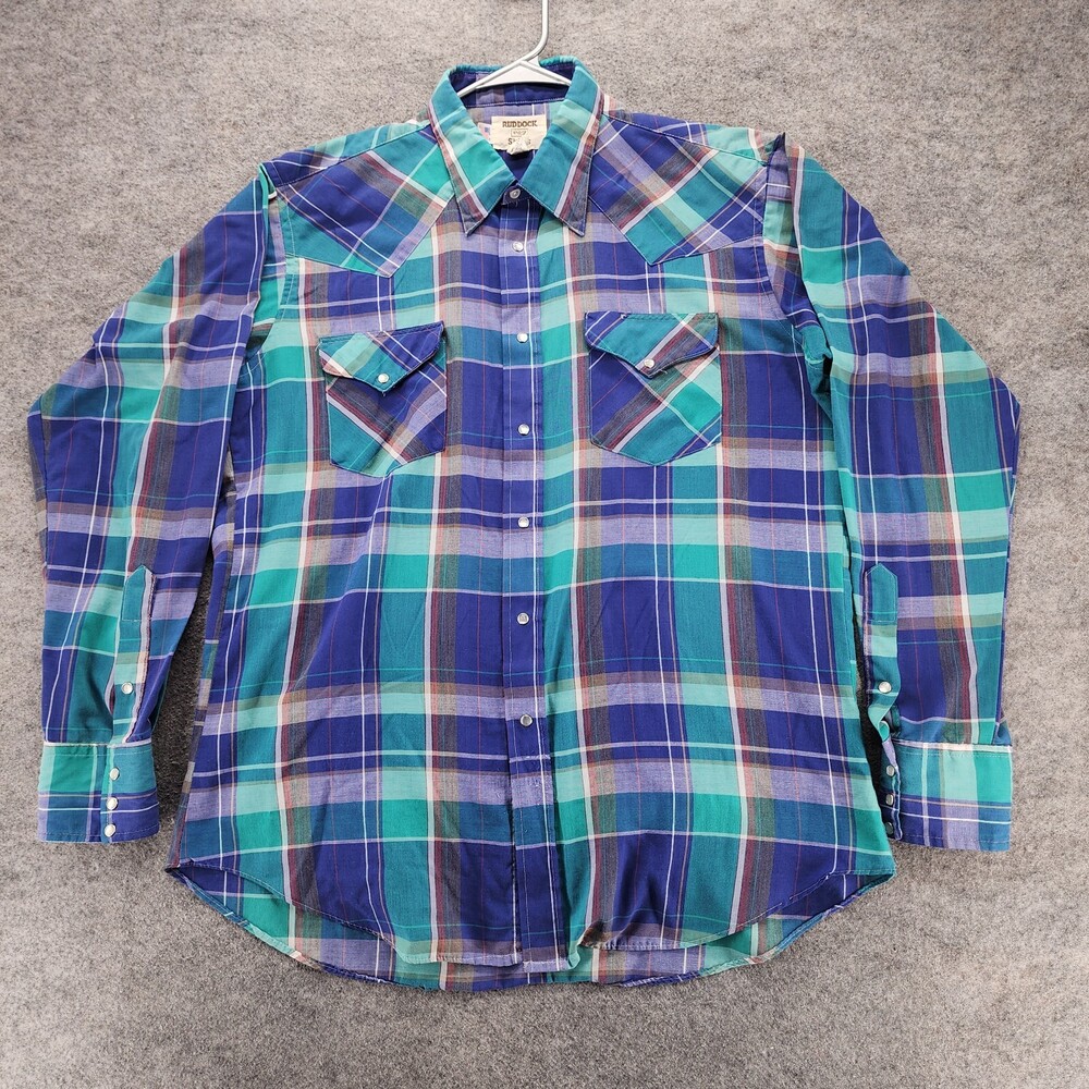 Vintage Ruddock Western Shirt Mens 17 35 Pearl Snap Purple Green Plaid